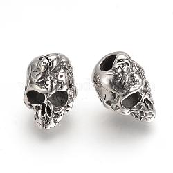 304 Stainless Steel European Beads, Large Hole Beads, Skull, Antique Silver, 15x10x11mm, Hole: 4mm