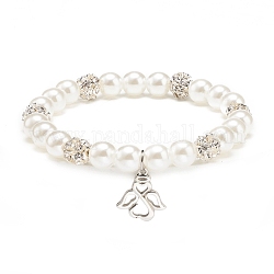 ABS Plastic Imitation Pearl  & Rhinestone Beaded Stretch Bracelet with Alloy Charm for Women, White, Fairy Pattern, Pendant: 17x14x1.5mm, Inner Diameter: 2-1/8 inch(5.3cm)