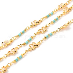 Handgefertigte Perlenketten aus Messing, mit Schmetterlingsglied aus Glas und Saatperlen, langlebig plattiert, gelötet, mit Spule, golden, Himmelblau, Link: 12.5x6x2 mm, 10x2 mm