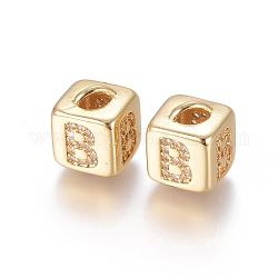 Perles de zircone cubique micro pave en Laiton, Plaqué longue durée, cube avec la lettre, clair, or, letter.b, 10x8x8.5mm, trou: 1.5x3.5 mm et 4 mm