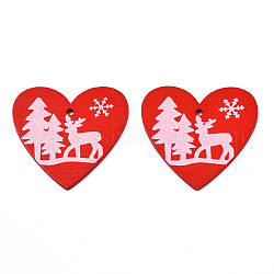 Weihnachtsthema lackierte Holzanhänger, einseitig bedruckt, Herz mit Rentier/Hirsch & Baum & Schneeflocke, rot, 48x50x2.5 mm, Bohrung: 2 mm