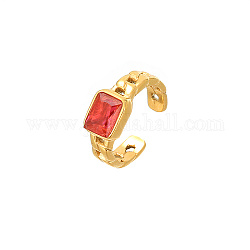 Anello a polsino aperto in acciaio inossidabile dorato con zirconi cubici, rettangolo, arancio rosso, larghezza: 8 mm