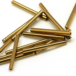 Glass Bugle Beads, Golden Plated, 12x2.5mm, Hole: 0.5mm, about 3500pcs/bag