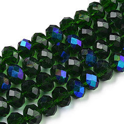FilI di perline in vetro placcato, mezzo arcobaleno placcato, sfaccettato, rondelle, verde scuro, 3x2mm, Foro: 0.8 mm, circa 150~155pcs/filo, 15~16 pollice (38~40 cm)