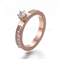 304 палец кольца из нержавеющей стали, с кубического циркония, корона, розовое золото , Размер 6~9, 16~19 мм