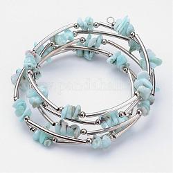 Natürliche Larimar Perlen Armbänder, mit Stahlarmband Gedächtnisdraht, Eisenperlen und Messingrohr beads, Platin Farbe, 2-1/8 Zoll (54 mm)