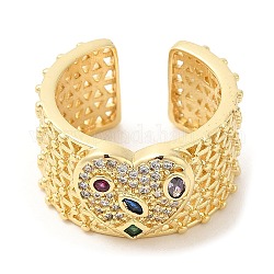 Rack Plating Brass Hollow Open Cuff Rings, Colorful Cubic Zirconia Heart Ring, Real 16K Gold Plated, Inner Diameter: 18mm