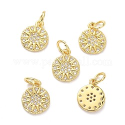 Brass Micro Pave Clear Cubic Zirconia Charms, with Jump Ring, Long-Lasting Plated, Flat Round with Sun, Real 18K Gold Plated, 11x9x1.5mm, Jump Ring: 5x1mm, 3mm Inner Diameter