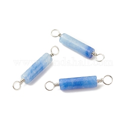Breloques connecteurs en aventurine bleue naturelle, avec doubles boucles en fil de laiton écologique ton platine, colonne, 23~24x4mm, Trou: 2~2.6mm