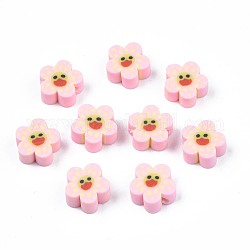 Perles en pâte polymère manuel, fleur avec le visage souriant, rose, 9~10x4mm, Trou: 1.5mm