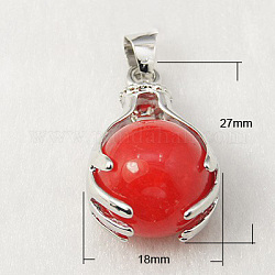 Gemstone Pendants, with Brass Findings and Natural Jade, Round, Platinum, Red, 27x18mm, Hole: 4x6mm