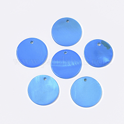 Rocíe colgantes pintados cáscara de agua dulce, plano y redondo, azul dodger, 20x2mm, agujero: 1.5 mm