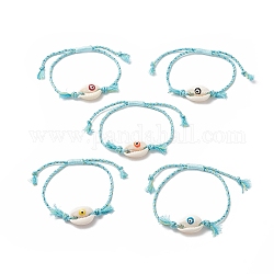Cauri naturel avec bracelet en perles tressées mauvais œil avec cordon en nylon et coton pour femme, couleur mixte, diamètre intérieur: 3/4~2-7/8 pouce (2~7.4 cm)