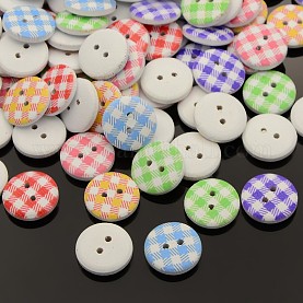 2-Hole Printed Wooden Buttons, for Sewing Crafting, Flat Round with Mixed Flower Pattern, Dyed, Mixed Color, 14.5~15x4mm, Hole