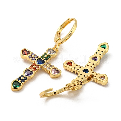 Серьги с подвесками из латуни с крестом из настоящей 18-каратной позолоченной латуни EJEW-A033-01G-03-1