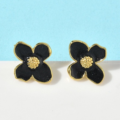 Цветок латунь эмаль серьги стержня&nbsp;EJEW-P341-03G-1