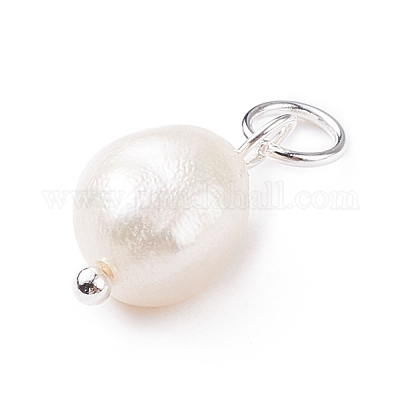 Grade B Natural Cultured Freshwater Pearl Charms, with 304 Stainless Steel Jump Rings, Polished Rice, Silver, 13.5~15x7~7.5x5~6mm