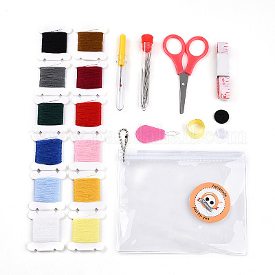 DIY 裁縫道具キット  スレッドを含む  はさみ  定規  ハンドル付きスチールシームリッパー  簡単な自動スレッダー  針  ボタン  ビニール袋  ミックスカラー  11~125x10~105x2mm&nbsp;DIY-H173-02-1