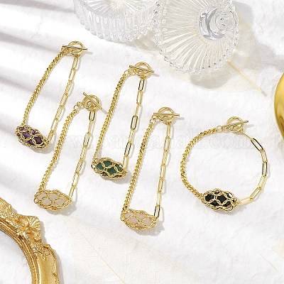 Браслеты-мешочки в технике макраме с двойными наконечниками и заостренными звеньями из смешанных драгоценных камней BJEW-JB10277-1