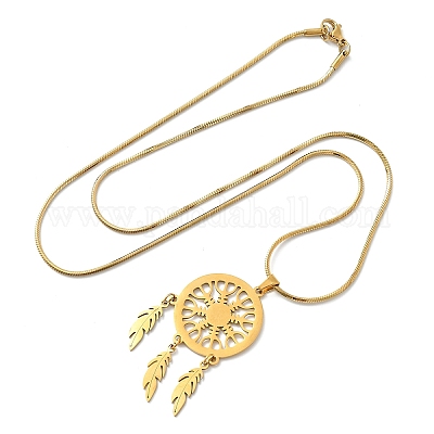 Ожерелья из плетеной сетки/сетки с подвесками из перьев Bohemian 201 из нержавеющей стали NJEW-P327-07G-A-1