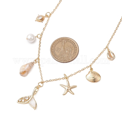 Летние пляжные латунные ожерелья из прозрачных кубических цирконий и ракушечных жемчужин и спиральных ракушек NJEW-TA00182-1