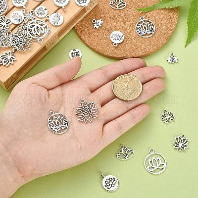 100個10スタイルチベットスタイルの合金チャーム 蓮 カドミウムフリー＆鉛フリー アンティークシルバー 10~22x11~20x1.5~2mm  穴：1.5mm 10個/スタイルの通販 - PandaHall（パンダホール）