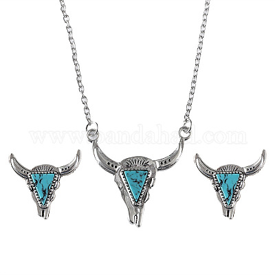 Наборы из ожерелий и серег-гвоздиков в стиле вестерн-ковбой из искусственной бирюзы с подвесками в виде головы коровы для женщин FS-WG063A3-03-1