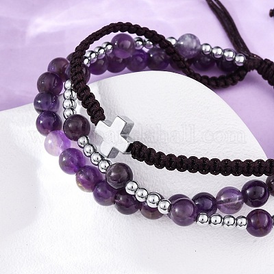Регулируемые браслеты из плетеных бусин из натурального аметиста и гематита BJEW-U035-01C-1