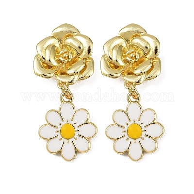 Серьги-гвоздики из латуни с подвесками в виде цветка маргаритки EJEW-S277-04G-1