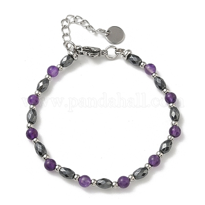 Браслеты из бусин натурального аметиста и немагнитного синтетического гематита для женщин BJEW-Z148-01P-06-1