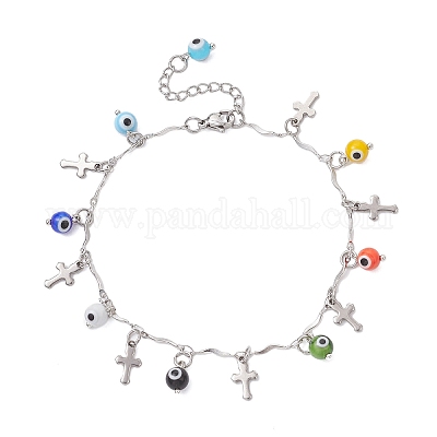 Браслеты на ногу ручной работы с подвесками в виде сглаза и цепочкой из нержавеющей стали 304 с перекрещивающимися звеньями и кисточками для женщин AJEW-AN00741-01-1