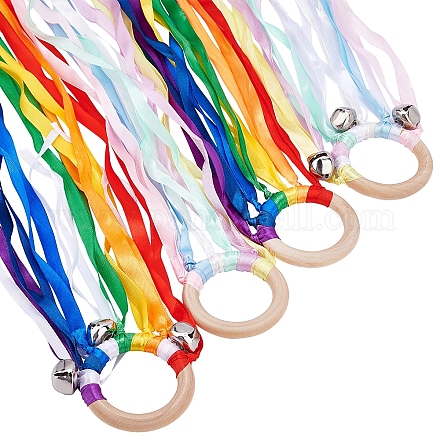 CHGCRAFT 4Pcs 4 Style Rainbow Ribbon Wood Ring with Bells AJEW-CA0001-80-1