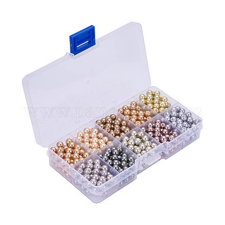 10色環境に優しい真珠光沢のある丸いガラスパールビーズ  染め  ミックスカラー  6mm  穴：1.2~1.5mm  約60個 /コンパートメント  600個/箱 HY-PH0010-01-1
