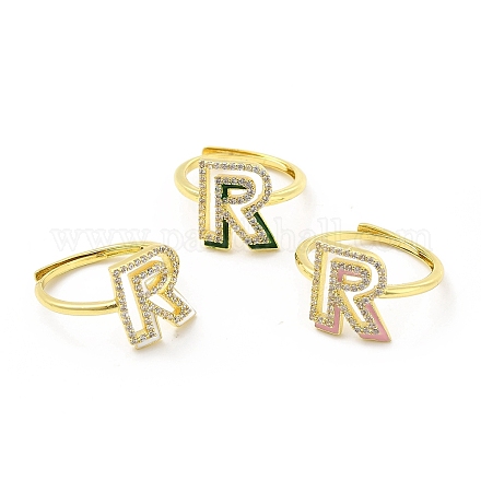 Регулируемое кольцо с инициалами из разноцветной эмали и прозрачным кубическим цирконием RJEW-P045-01G-R-1