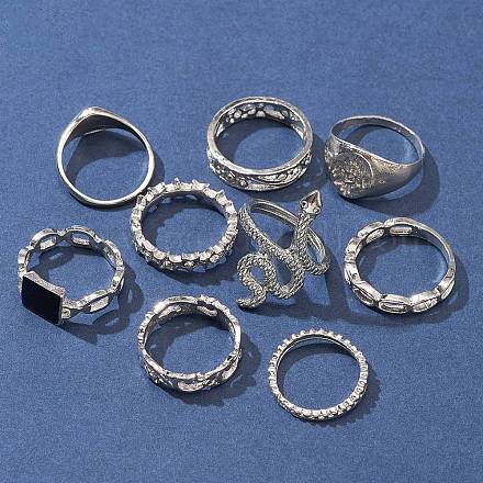9 個 3 スタイル Snke & スター & 長方形 & 中空亜鉛合金指輪セット  アンティークシルバー  内径：16~18mm  1個/スタイル RJEW-FS0001-08-1