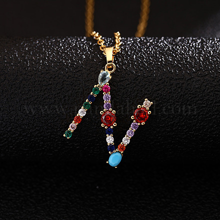 Ожерелья с подвесками-инициалами из латуни и разноцветными кубическими цирконами для женщин FS-WG659DF-14-1