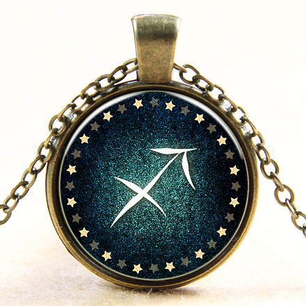 Sagittarius Constellation/Zodiac Sign Flat Round Glass Pendant Necklaces NJEW-N0051-022I-01-1