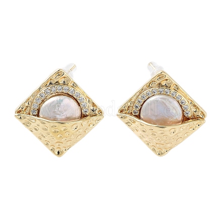 Rhombus Natural Pearl Stud Earrings with Brass Micro Pave Cubic Zirconia and 925 Sterling Silver Pins EJEW-P256-86G-1