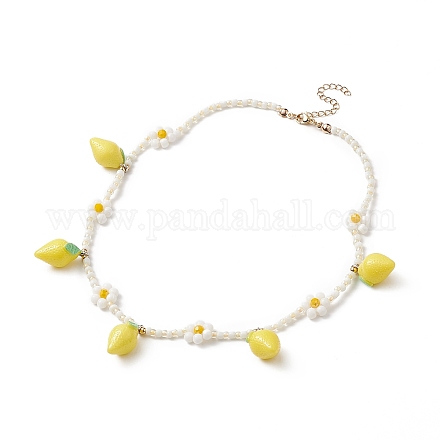 Collar con colgante de limón de resina con cadenas de flores con cuentas de vidrio para mujer NJEW-TA00057-1