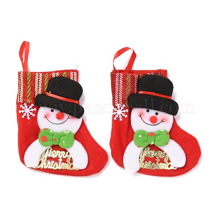 クリスマスの靴下をぶら下げ布  キャンディーギフトバッグ  クリスマスツリーの装飾用  メリークリスマスという言葉で雪だるま  レッド  145x132x20mm HJEW-B003-06-1