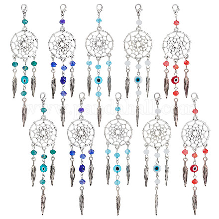 Nbeads 20Pcs 5 Style Woven Net/Web with Feather Tibetan Style Alloy Pendant Decorations HJEW-NB0001-80-1