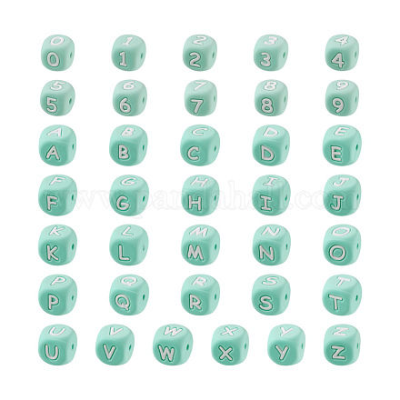 ブレスレットやネックレス作り用のシリコンビーズ  文字と数字の立方体  ターコイズ  46個/箱 SIL-TA0001-05D-1