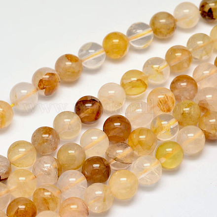 Brins de perles rondes de quartz hématoïde jaune naturel G-F266-09-6mm-1