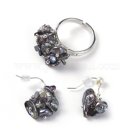 Set di gioielli con anelli per dito e orecchini pendenti con perle keshi naturali regolabili con perle barocche naturali SJEW-JS01072-1