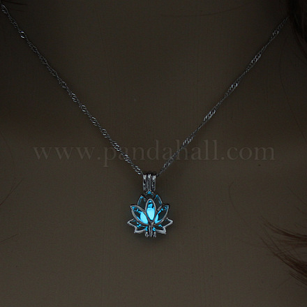 Alloy Lotus Cage Pendant Necklace with Synthetic Luminaries Stone LUMI-PW0001-044P-A-1