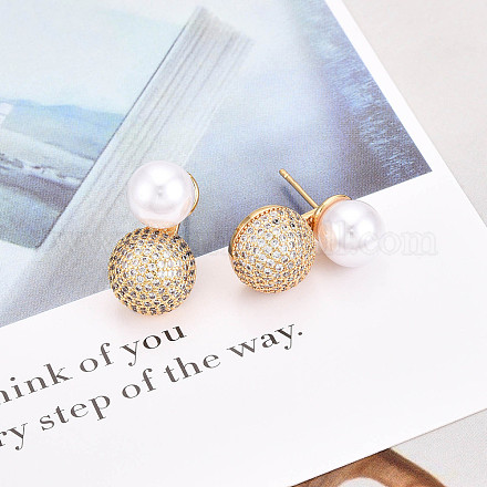 Серьги-гвоздики из латуни с микропаве из кубических цирконий и искусственного жемчуга ABS KK-T074-47G-1