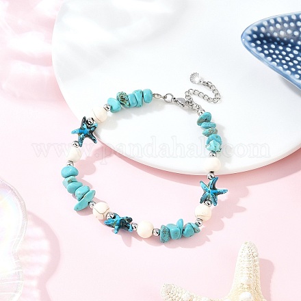 Браслеты на лодыжку с синтетическими морскими звездами цвета окрашенной бирюзы и бусинами AJEW-AN00733-02-1