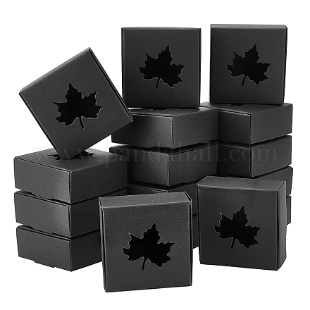 ベネクリエイトクラフト紙箱  フリップカバー  カエデの葉のビジュアルウィンドウ  正方形  ブラック  完成品：7.5x7.5x3cm CON-BC0001-52-1