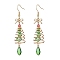 Christmas Tree with Bowknot Brass Wired Glass Dangle Earrings, with 304 Stainless Steel Earring Hooks, Silver, Lime Green, 69x15mm
