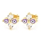 Flower with Evil Eye Real 18K Gold Plated Brass Stud Earrings, with Enamel and Cubic Zirconia, Lilac, 11.5x11mm
